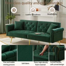 Abrihome Velvet 2-Seater Sofa Bed, 3-Position Adjustable Backrest & Gold Metal Legs, Space-Saving Sleeper For Living Rooms, Emerald Green - thumbnail 4