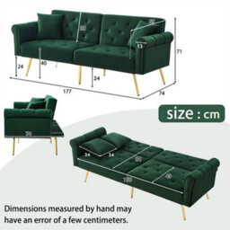 Abrihome Velvet 2-Seater Sofa Bed, 3-Position Adjustable Backrest & Gold Metal Legs, Space-Saving Sleeper For Living Rooms, Emerald Green - thumbnail 7