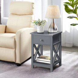 Grey Bedside Table With Storage Drawer And Shelf For Bedroom Living Room Study - thumbnail 1