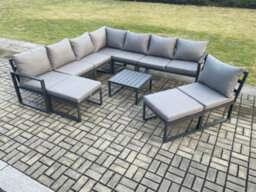 Fimous 10 Seater Patio Outdoor Garden Furniture Aluminium Lounge Corner Sofa Set With Coffee Table 2 Big Footstools - thumbnail 1