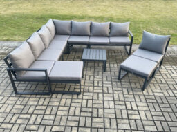 Fimous 10 Seater Patio Outdoor Garden Furniture Aluminium Lounge Corner Sofa Set With Coffee Table 2 Big Footstools - thumbnail 2