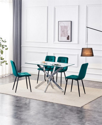 Kosy Koala Modern Rectangle Glass Dining Table Set With 4 Green Velvet Chairs Dining Room Furniture - image 1