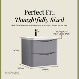 Balterley Dunwood Wall Hung 2 Drawer Bathroom Vanity Unit & Polymarble Basin, Satin Grey, 550mm - thumbnail 5