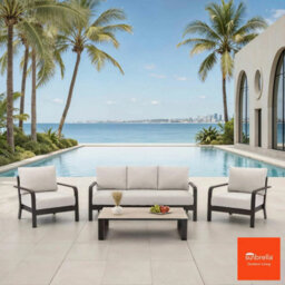 Xample Mode Living Calgary 4 Piece Patio Seating Set Aluminium Garden Sofa Chairs Sunbrella Cushions Stone Table Cover Beige