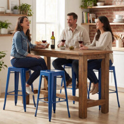 "Fwstyle Bistro Metal Bar Stools Set Of 4 30"" Blue Gloss Galvanised Steel Indoor & Outdoor Ready Assembled" - thumbnail 1