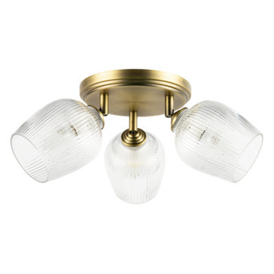 Happy Homewares Antique Brass Triple Spot Ceiling Light With Clear Ribbed Glass Shades - image 1