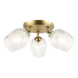 Happy Homewares Antique Brass Triple Spot Ceiling Light With Clear Ribbed Glass Shades - thumbnail 2