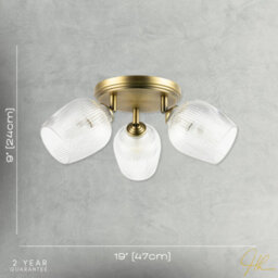 Happy Homewares Antique Brass Triple Spot Ceiling Light With Clear Ribbed Glass Shades - thumbnail 7