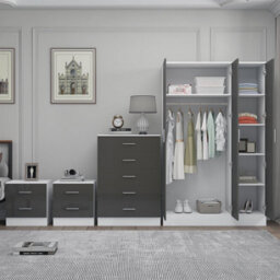 Reflect 3 Door Mirror Wardrobe, 5 Drawer Chest, 2X 2 Drawer Bedsides - Grey Gloss & Matt White - Modern Bedroom Furniture Set - thumbnail 4