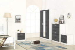 Reflect 3 Door Mirror Wardrobe, 5 Drawer Chest, 2X 2 Drawer Bedsides - Grey Gloss & Matt White - Modern Bedroom Furniture Set