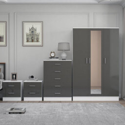 Reflect 3 Door Mirror Wardrobe, 5 Drawer Chest, 2X 2 Drawer Bedsides - Grey Gloss & Matt White - Modern Bedroom Furniture Set - thumbnail 3