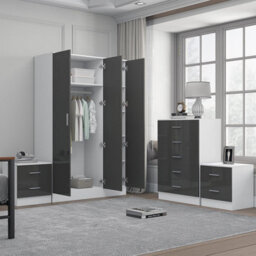 Reflect 3 Door Mirror Wardrobe, 5 Drawer Chest, 2X 2 Drawer Bedsides - Grey Gloss & Matt White - Modern Bedroom Furniture Set - thumbnail 2