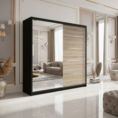 Vista 05 Sliding Door Wardrobe 150X200X61Cm Modern Wardrobe With Mirror Black Mat Sonoma Finish - image 1