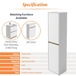 Plum&clay Norton White & Oak Wall Hung Bathroom Tall Storage Unit Bathroom Furniture (H)1600mm (W)400mm - thumbnail 4