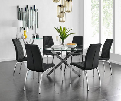 Furniturebox Uk Novara Chrome Metal And Glass Large Round Dining Table And 6 Black Isco Chairs Set - image 1