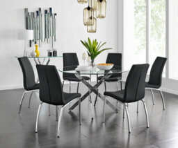 Furniturebox Uk Novara Chrome Metal And Glass Large Round Dining Table And 6 Black Isco Chairs Set - thumbnail 1