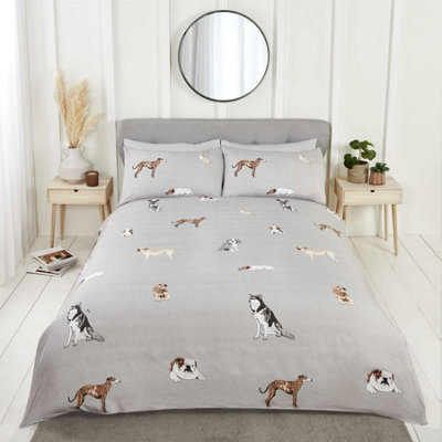 Rapport Paws And Tails Reversible Duvet Cover Set Dogs And Stripes Bedding Grey - image 1