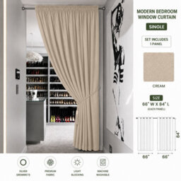 Aspire Homeware Cream Plain Blackout Room Darkening Pencil Pleat Single Panel Door Curtain (W) 168Cm X (D)213Cm With Tie Back - thumbnail 9