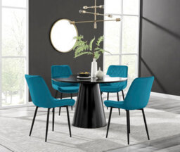 Furniturebox Palma White Marble Effect Round 4-6 Seater Pedestal Dining Table & 4 Blue Velvet Pesaro Black Leg Chairs