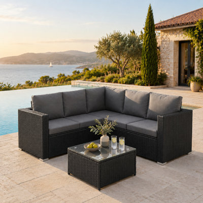 Living And Home Outdoor Grey Rattan 5 Seater Patio Furniture Set Garden Corner Sofa With Table And Cushions
