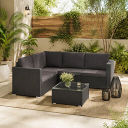 Living And Home Outdoor Grey Rattan 5 Seater Patio Furniture Set Garden Corner Sofa With Table And Cushions - thumbnail 2