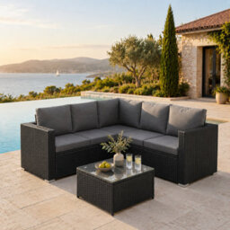 Living And Home Outdoor Grey Rattan 5 Seater Patio Furniture Set Garden Corner Sofa With Table And Cushions - thumbnail 1