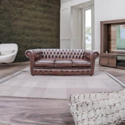 Chesterfield 3 Seater Antique Brown Leather Sofa In Classic Style - thumbnail 3
