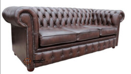 Chesterfield 3 Seater Antique Brown Leather Sofa In Classic Style - thumbnail 2