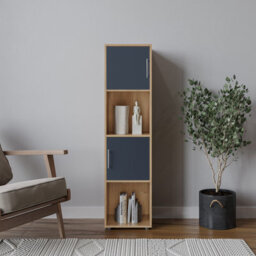 Urbn-Living Urbnliving 119Cm Height 4 Cube Bookcase Oak Wooden Grey Door Metal Handle Display Storage Shelf - thumbnail 1