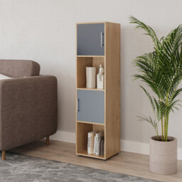 Urbn-Living Urbnliving 119Cm Height 4 Cube Bookcase Oak Wooden Grey Door Metal Handle Display Storage Shelf - thumbnail 2