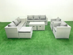 Fimous Outdoor Garden Furniture Rattan Sofa Set 2 Armchairs Oblong Coffee Table 3 Stools Side Table Light Grey - thumbnail 2