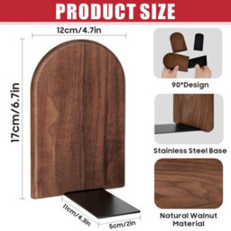 Book Ends, 2 Pack Natural Bamboo Bookend Heavy Duty Bookends Walnut Wood Wooden - thumbnail 2