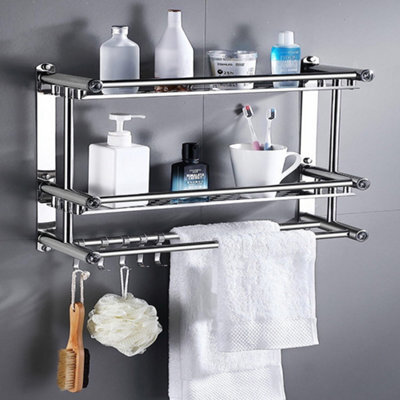 Living And Home 2 Tier Chrome Wall Mounted Stainless Steel Bathroom Shelf Towel Rail With Towel Bar Rod Hooks - image 1