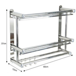 Living And Home 2 Tier Chrome Wall Mounted Stainless Steel Bathroom Shelf Towel Rail With Towel Bar Rod Hooks - thumbnail 6