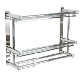 Living And Home 2 Tier Chrome Wall Mounted Stainless Steel Bathroom Shelf Towel Rail With Towel Bar Rod Hooks - thumbnail 5