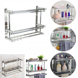 Living And Home 2 Tier Chrome Wall Mounted Stainless Steel Bathroom Shelf Towel Rail With Towel Bar Rod Hooks - thumbnail 2