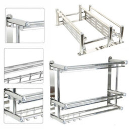 Living And Home 2 Tier Chrome Wall Mounted Stainless Steel Bathroom Shelf Towel Rail With Towel Bar Rod Hooks - thumbnail 4