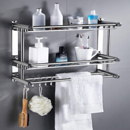 Living And Home 2 Tier Chrome Wall Mounted Stainless Steel Bathroom Shelf Towel Rail With Towel Bar Rod Hooks