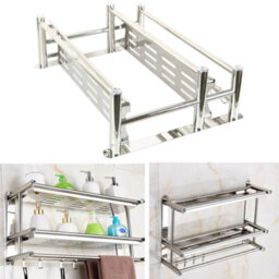 Living And Home 2 Tier Chrome Wall Mounted Stainless Steel Bathroom Shelf Towel Rail With Towel Bar Rod Hooks - thumbnail 3