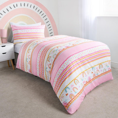OHS Rainbow Duvet Cover Bedding Set Quilt Pillowcase Reversible, White - Single - image 1