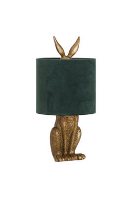 Antique Gold Hare Table Lamp With Green Velvet Shade Quirky Home Decor - image 1
