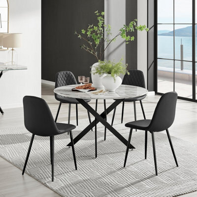 Furniturebox Uk Novara White Marble Black Leg 120Cm Round Dining Table & 4 Black Corona Black Leg Chairs - image 1