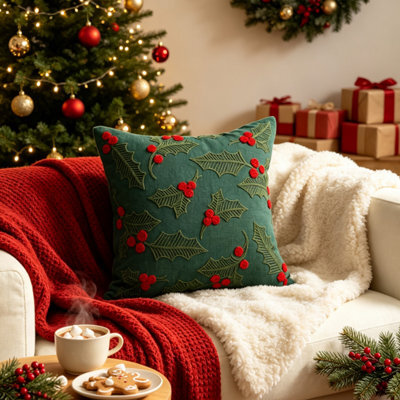 Amorly Green Red Holly Berry Embroidered Throw Pillow Cover 45X45Cm Christmas Decor Cushion Case Without Insert - image 1