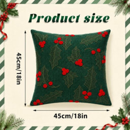 Amorly Green Red Holly Berry Embroidered Throw Pillow Cover 45X45Cm Christmas Decor Cushion Case Without Insert - thumbnail 2
