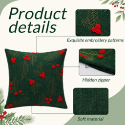 Amorly Green Red Holly Berry Embroidered Throw Pillow Cover 45X45Cm Christmas Decor Cushion Case Without Insert - thumbnail 3