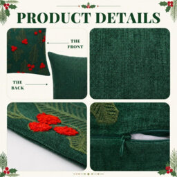 Amorly Green Red Holly Berry Embroidered Throw Pillow Cover 45X45Cm Christmas Decor Cushion Case Without Insert - thumbnail 7