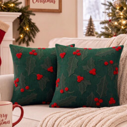 Amorly Green Red Holly Berry Embroidered Throw Pillow Cover 45X45Cm Christmas Decor Cushion Case Without Insert - thumbnail 4