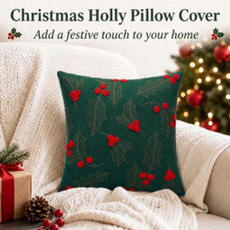Amorly Green Red Holly Berry Embroidered Throw Pillow Cover 45X45Cm Christmas Decor Cushion Case Without Insert - thumbnail 5