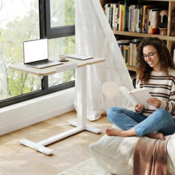 Wood Grain Rolling Overbed Table Adjustable Height With Wheel Mobile Laptop Desk - thumbnail 3
