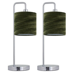 First Choice Lighting Set Of 2 Chrome Arched Table Lamps With Green Crushed Velvet Shades
